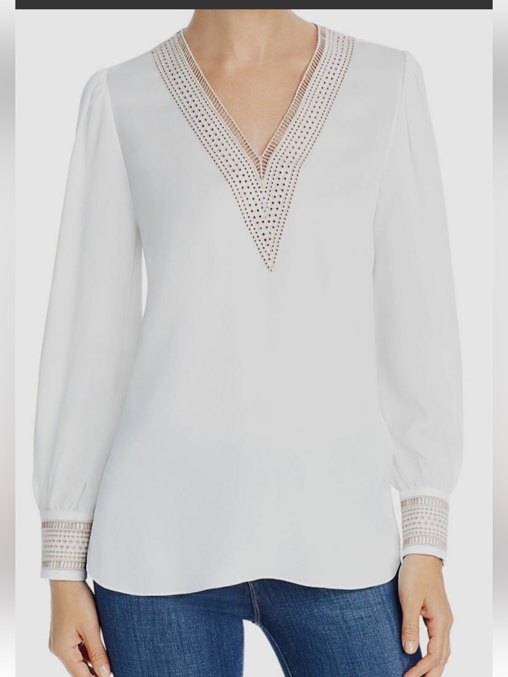 Elie Tahari black V-Neck Blouse with Eyelet Trim